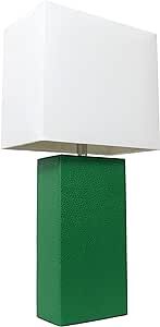 Elegant Designs LT1025-GRN Modern Genuine Leather Table Lamp with White Fabric Shade, Green