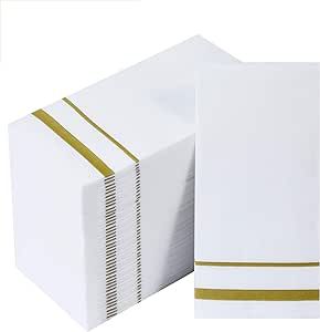 [200 Pack] Disposable Guest Towels Paper Hand Towels, Decorative Bathroom Hand Napkins for Kitchen, Parties, Weddings, Dinners or Events, White and Gold