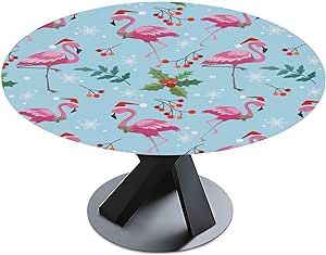 MCHIVER Christmas Flamingo Round Tablecloths Table Covers with Elastic Polyester Fitted Tablecloth Circular Table Mat for Indoor Outdoor Party Dinner Fit Table 48-56 Inch
