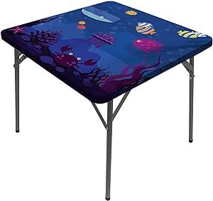 JUNTAIY Cartoon Elastic Square Tablecloth, Fish in Aquarium Whale Crabs Jellyfish Bubbles Home Decorative Tablecloths, Fits 24x24 inch Table, Great for Home Kitchen/Parties/Holiday Dinner, Multicolor