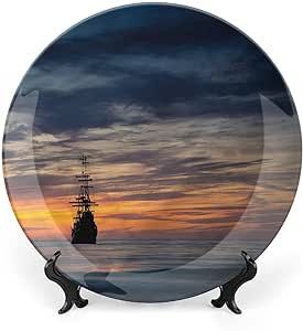 XISUNYA 10 Inch Decorative Plate, Nautical Dinner Plate, Ocean Sunset Dramatic Sky Print Ceramic Wall Hanging Decor Accessory for Dining Table Tabletop Home Decor, Muticolor