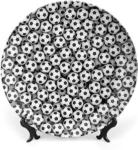 10 Inch Decorative Plate, Sports Decor Dinner Plate, Composed of Many Soccer Balls Abstract Art Print Ceramic Wall Hanging Decor Accessory for Dining Table Tabletop Home Decor, Black and White