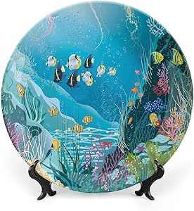 XISUNYA 10 Inch Decorative Plate, Ocean Dinner Plate, Underwater Landscape with Tropical Fish and Algae Polyps Print Ornament Display Plate Decor Accessory for Dining, Parties, Wedding, Multi