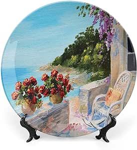 XISUNYA 10 Inch Decorative Plate, Seascape Dinner Plate, Sea View Balcony with Cozy Rocking Chair Flowers Oil Painting Print Ceramic Wall Hanging Decor Accessory for Dining Table Tabletop Home Decor