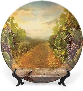 6 Inch Decorative Plate, Modern Ceramic Stoneware, Vineyard Grapes Natural Rustic Vinatage Scenery Print Ceramic Wall Hanging Decor Accessory for Dining Table Tabletop Home Decor, Green Brown Blue