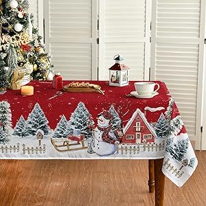 Horaldaily Christmas Tablecloth 60x60 Inch Square, Winter Snowman House Christmas Trees Red Washable Table Cover for Party Picnic Dinner Decor