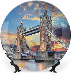 XISUNYA 10 Inch Decorative Plate, London Dinner Plate, Vista of Tower Bridge at Dramatic Sunset Thames River Print Ceramic Wall Hanging Decor Accessory for Dining Table Tabletop Home Decor