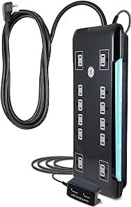 GE UltraPro 12 Outlet Surge Protector, Tethered 2 USB Ports, 8 Ft Power Cord, 4320 Joules, Flat Plug, Power Filter, Circuit Breaker, Warranty, UL Listed, Black, 11824