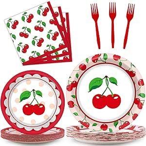 OBUSATT 100 Pcs Cherry Fruit Party Supplies Tableware Set Summer Tropical Picnics Dinnerware Set Disposable Paper Plates Napkins for Baby Shower Birthday Party Decoration for 25 Guests