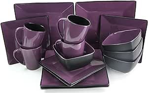 Elama Stoneware Square Dinnerware Dish Set, 16 Piece, Solid Purple
