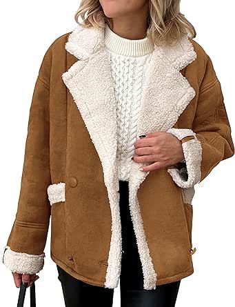 PRETTYGARDEN Women 2023 Winter Faux Suede Coats Fleece Sherpa Lined Jacket Faux Fur Lapel Pockets Warm Fall Fashion Outerwear