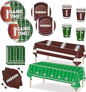 Xindtek Football Party Supplies Kit Serve 24, Including Dinner Plates Dessert Plates Napkins Cups Plastic Touchdown Tablecloth for Football Birthday Party Football Gameday Tailgate Party Decorations