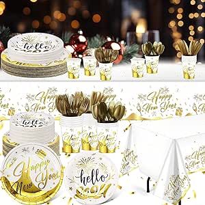 Yaomiao 146 Pcs Happy New Year Disposable Tableware Set 2024 Happy New Year Party Supplies Disposable Tablecloth, Paper Cup, Plates for 24 Guests 2024 New Year Eve Dinner Supplies, White, Gold