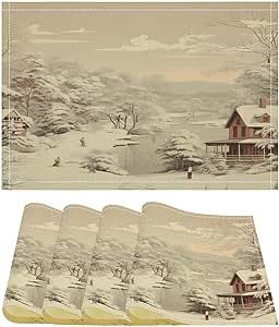 Kitchen Table Mats Set of 4 Table Placemats Xmas Merry Christmas Table Mats Non-Slip Heat Resistant Table Mats Cotton Linen Dinner Mats Table Decor for Dining Kitchen Banquet
