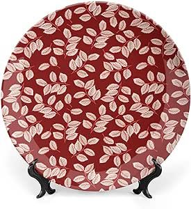 XISUNYA 10 Inch Decorative Plate, Maroon Dinner Plate, Autumn Forest Tree Branches Falling Leaves Vintage Print Ceramic Wall Hanging Decor Accessory for Dining Table Tabletop Home Decor, Maroon Cream