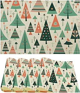 Place Mats Set of 4, Midcentury Modern Christmas Trees Cotton Linen Pad Placemat Rustic Country Holiday Dining Placemats Non-Slip Stain Resistant Pad Placemat Kitchen Dining Table Party Holiday Dinner