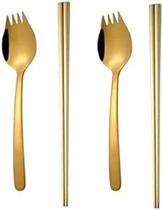 C&L Matte Gold 2 Chopsticks & 2 Sporks Set Flatware Premium 304 Stainless Steel Dinnerware Spoons Forks