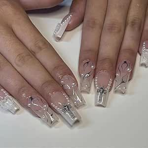 BABALAL Coffin Press on Nails Long Fake Nails White French Glue on Nails 3d Cross Pearl Heart Acrylic Nails 24Pcs Ballerina Y2k Manicure Artificial False Nails for Women and Girls