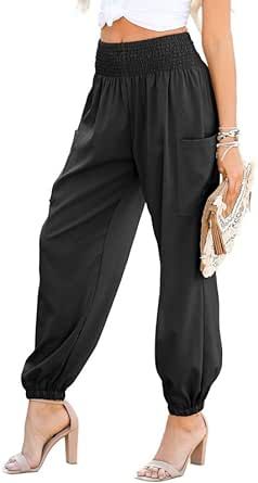Dokotoo Womens Summer Boho Business Casual Smocked High Waisted Cargo Long Pants with Pockets