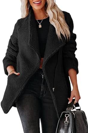 Dokotoo Womens Coats Lapel Collar Long Sleeve Asymmetric Zipper Fuzzy Fleece Jackets with Pockets