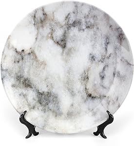 XISUNYA 10 Inch Decorative Plate, Marble Dinner Plate, Rock Pattern Limestone with Stain Traces Surface Print Ornament Display Plate Decor Accessory for Dining, Parties, Wedding, Dust Gray White