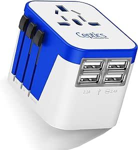 Ceptics Universal Travel Adapter Plug World Power W/ 4 USB Ports - Charge Cell Phones, Smart Watches, iPhones - For International Europe, China, UK, UAE, Australia - Type A, C, G, I