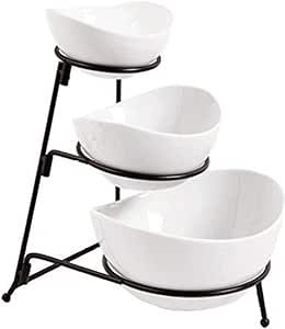 Partito Bella 3 Tier White Oval Bowl Set with Collapsible Thicker Metal Rack - Perfect Display for Chips, Dips, Candy, Fruit and More Collapsible Stand with Nesting Bowls for Easy Storage