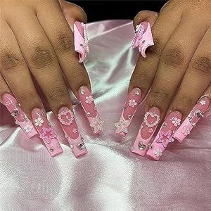 BABALAL Square Press on Nails Long Fake Nails Pink French Tip Glue on Nails 3d Flower Pearl Bow Star Heart Charm Design Acrylic Nails 24Pcs Manicure Squoval False Nails Valentines Nails Press on