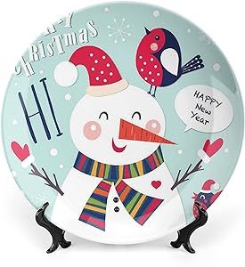 XISUNYA 10 Inch Decorative Plate, Christmas Dinner Plate, Cheerful Merry Xmas Bird and Snowman Fun Winter Print Ceramic Wall Hanging Decor Accessory for Dining Table Tabletop Home Decor