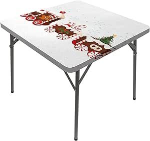 JUNTAIY Christmas Tablecloths, Gingerbread Train Home Decorative Tablecloths, Fits 32x32 inch Table, Great for Home Kitchen/Parties/Holiday Dinner, White Brown Vermilion