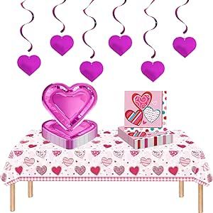 Valentines Day Party Tableware Set,Valentines Day Disposable Pink Heart Shaped Dinnerware Plates Napkins Tablecloth Hanging Swirls Party Supplies for Anniversary Birthday Wedding(Serves 20) (pink)