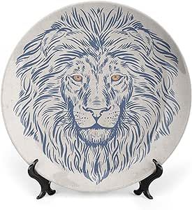 XISUNYA 10 Inch Decorative Plate, Modern Dinner Plate, Portrait of Lion Head Animal Zodiac Sign Print Ceramic Wall Hanging Decor Accessory for Dining Table Tabletop Home Decor, Slate Blue Beige