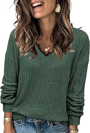 MixShe Womens Sweaters Fall Fashion Clothes 2023 Long Sleeve Shirts V Neck Sweatshirt for Women Trendy Tops