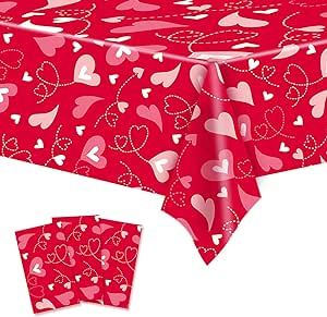 3 Pieces Valentine's Day Tablecloths, Disposable Rectangular Red Love Heart Print Table Cover, Waterproof Plastic Table Cover for Valentine's Wedding Dinner Party Decorations