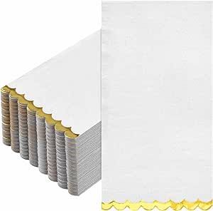 200 Pack White and Gold Foil Scalloped Paper Napkins Disposable Guest Napkins Decorative Dinner Hand Paper Towels for Wedding Baby Shower Birthday Party Tableware Decor