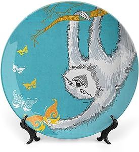 10 Inch Decorative Plate,Sloth Dinner Plate, Sketchy Sloth with Butterflies Ornate Branch Nature Print Ceramic Wall Hanging Decor Accessory for Dining Table Tabletop Home Decor, Teal Pale Gray Orange