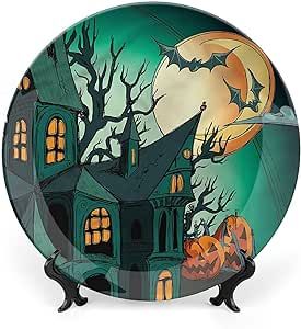 XISUNYA 8 Inch Decorative Plate, Halloween Dinner Plate, Halloween Haunted Castle Print Ceramic Wall Hanging Decor Accessory for Dining Table Tabletop Home Decor