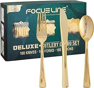 FOCUSLINE 300 Pieces Gold Plastic Silverwar Set - 100 Forks, 100 Knives, 100 Spoons - Heavy Duty Plastic Cutlery Set Disposable Flatware for Catering, Parties, Dinners, Weddings