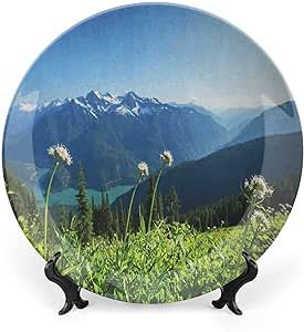 XISUNYA 10 Inch Decorative Plate, Nature Dinner Plate, Diablo Lake Mountains Dandelions Thistle Flowers Wilderness Print Ceramic Wall Hanging Decor Accessory for Dining Table Tabletop Home Decor