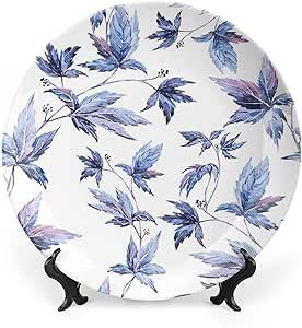 XISUNYA 7 Inch Decorative Plate,Indigo Dinner Plate, Abstract Grunge Watercolored Shadow Tree Leaves Print Ceramic Wall Hanging Decor Accessory for Dining Table Tabletop Home Decor