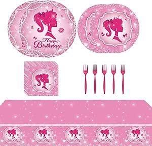 65PCS ' Pink Girl Birthday Party Supplies Sweetheart Princess Tableware Set Pink Plate,Napkin,Tablecloth,Fork,Diamond Pearl Girls Party Decoration Disposable Tableware Serves 16 Guests