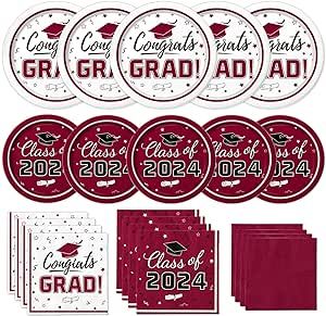 Graduation Party Supplies Kit Serves 50 - Graduation Party Maroon Class of 2024 Tableware, Disposable Dinner Plates, Dessert Plates, and Napkins for Congrats Grad Party Decorations