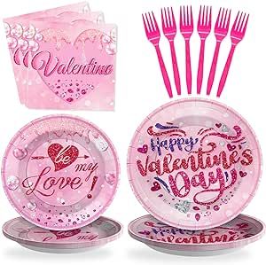 SCIONE 96 Pcs Valentine's Day Plates and Napkins Party Supplies, Hot Pink Love Heart Paper Plates Tableware Set for Valentine's Day Party Decorations Engagements Weddings Anniversaries, Serve 24