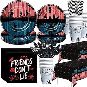MENGCHYLY Stranger Theme Horror Party Supplies Dinnerware - Stranger Movie Birthday Party Decorations, Plate, Cup, Napkin, Tablecloth, Cutlery, Stranger Party Decorations Tableware | 24 Guests