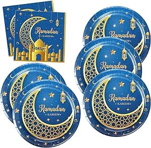 48pcs Ramadan Party Supplies, Includes 24 dessert plate, 24 Napkins, Ramadan Party Decoration Supplies for Ramadan Party Decoration (blue)