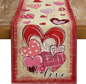 GEEORY Valentine's Day Table Runner 13 x 72 Inch, Red Hearts Love Decorative Farmhouse Table Decoration for Kitchen Dinning, Indoor Outdoor Dinner Party GT131-72