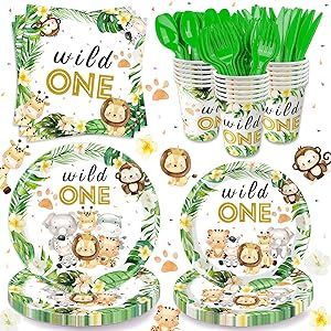 Wild One Birthday Supplies Tableware Safari Birthday Decorations Including Dinner Plates, Cups, Napkins, Cutlery for Animal Jungle Theme Wild One Party Decorations, Serve 24