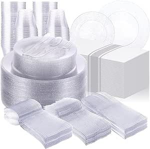 Tioncy 875 PCS Guests Glitter Plastic Dinnerware Set Include 125 Dinner Plates 125 Dessert Plates 125 Disposable Cups 125 Rolled Napkins with 125 Set Cutlery for Birthday Weddings Party (Silver)