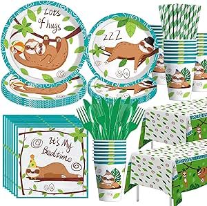 Xenorik Sloth Birthday Party Supplies - Sloth Party Decorations Tableware, Plate, Cup, Napkin, Tablecloth, Cutlery, Straw, Animal Theme Sloth Birthday Baby Shower Decorations Dinnerware | Serve 24