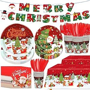 171Pcs Christmas Party Supplies Serves 24 Guests, Include Merry Christmas Banner, Tablecloth, Paper Plates and Napkins, Cups, Cutlery